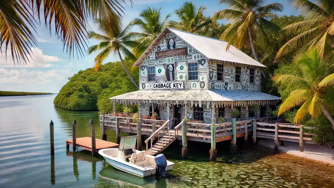 A picturesque house on Cabbage Key, surrounded by palm trees and a calm waterway, with a boat at the dock.
