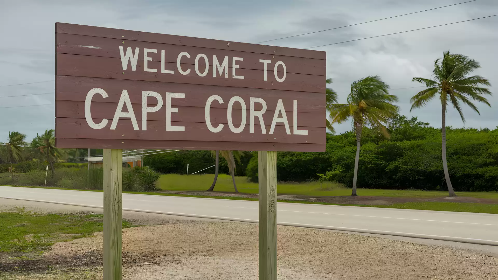 Wooden sign with the inscription 'Welcome to Cape Coral' in front of a road and palm trees in the background.