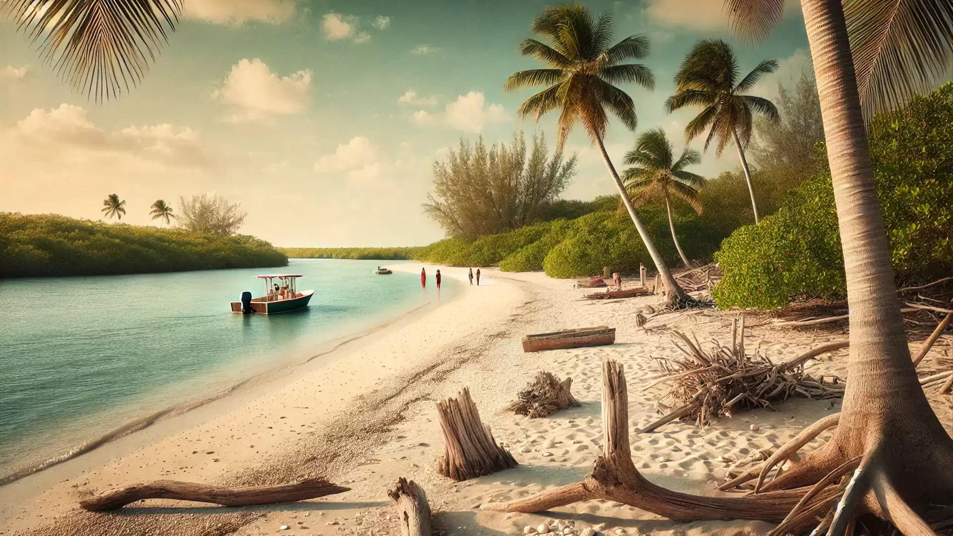 A picturesque tropical beach with palm trees, clear water, and a small boat. The sky is blue with a few clouds.