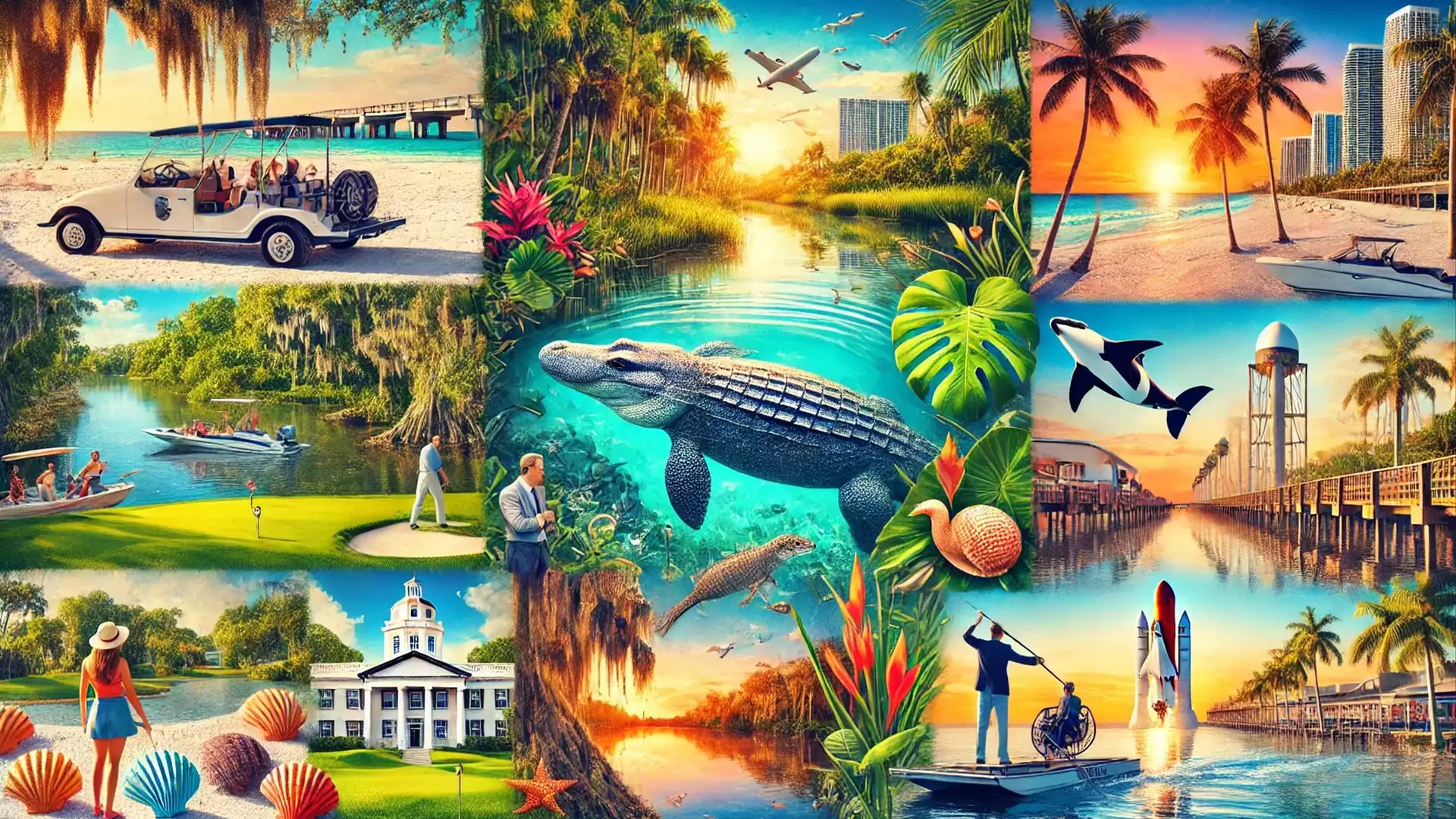 Collage of vibrant Florida scenes, including beaches, alligators, golf courses, and a vintage car. Tropical plants and wildlife are also depicted.