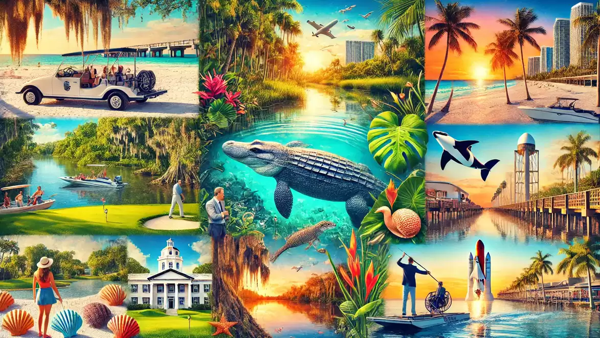 Collage of vibrant Florida scenes, including beaches, alligators, golf courses, and a vintage car. Tropical plants and wildlife are also depicted.