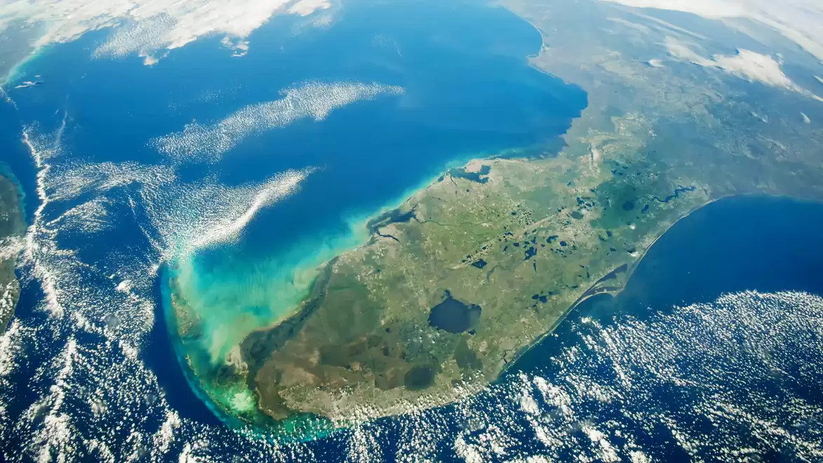 Satellite image of Florida looking toward the Caribbean. Clear distinction between blue ocean and land mass.
