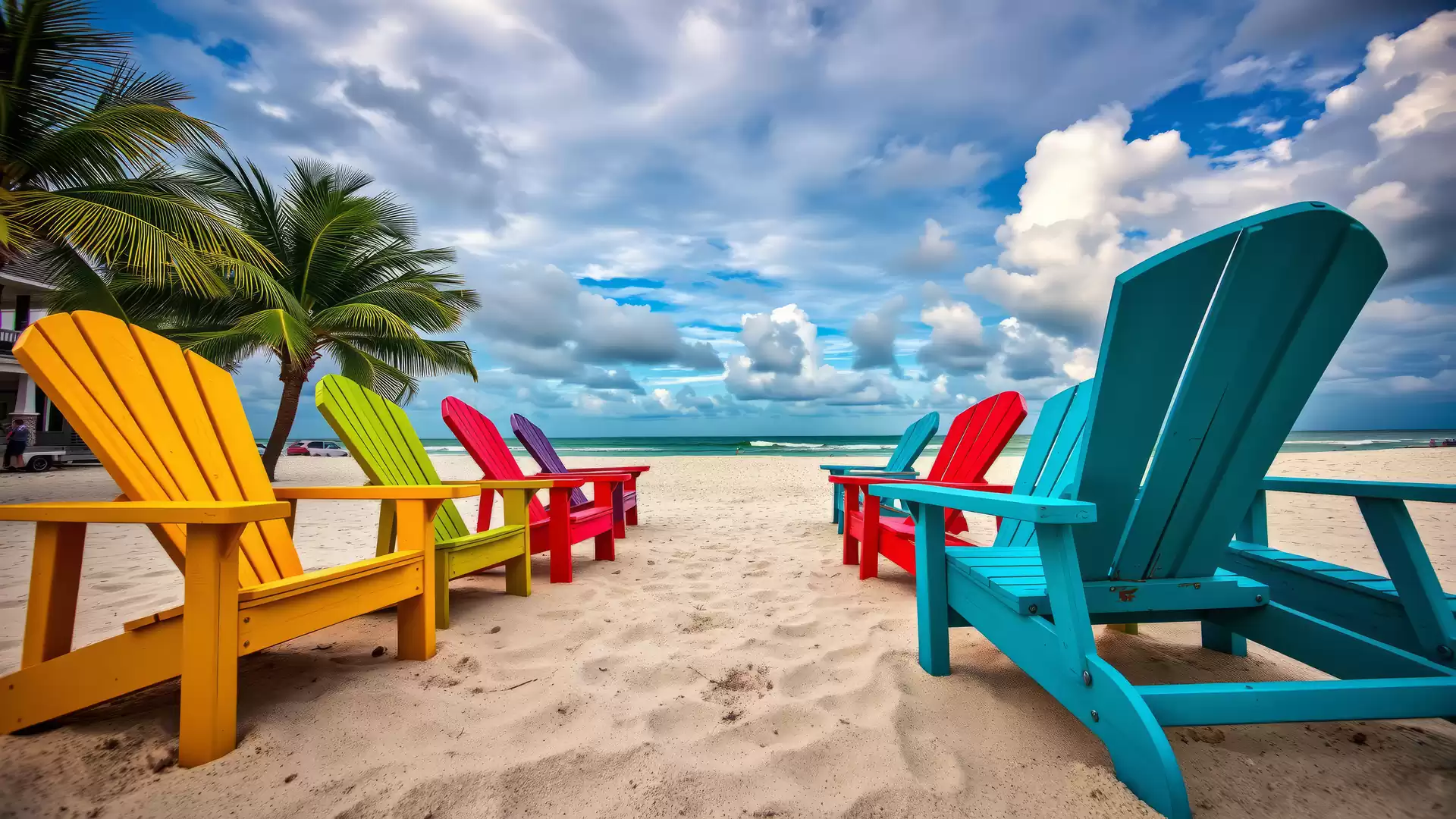 Colorful deck chairs on a sandy beach with ocean view and palm trees under a cloudy sky.