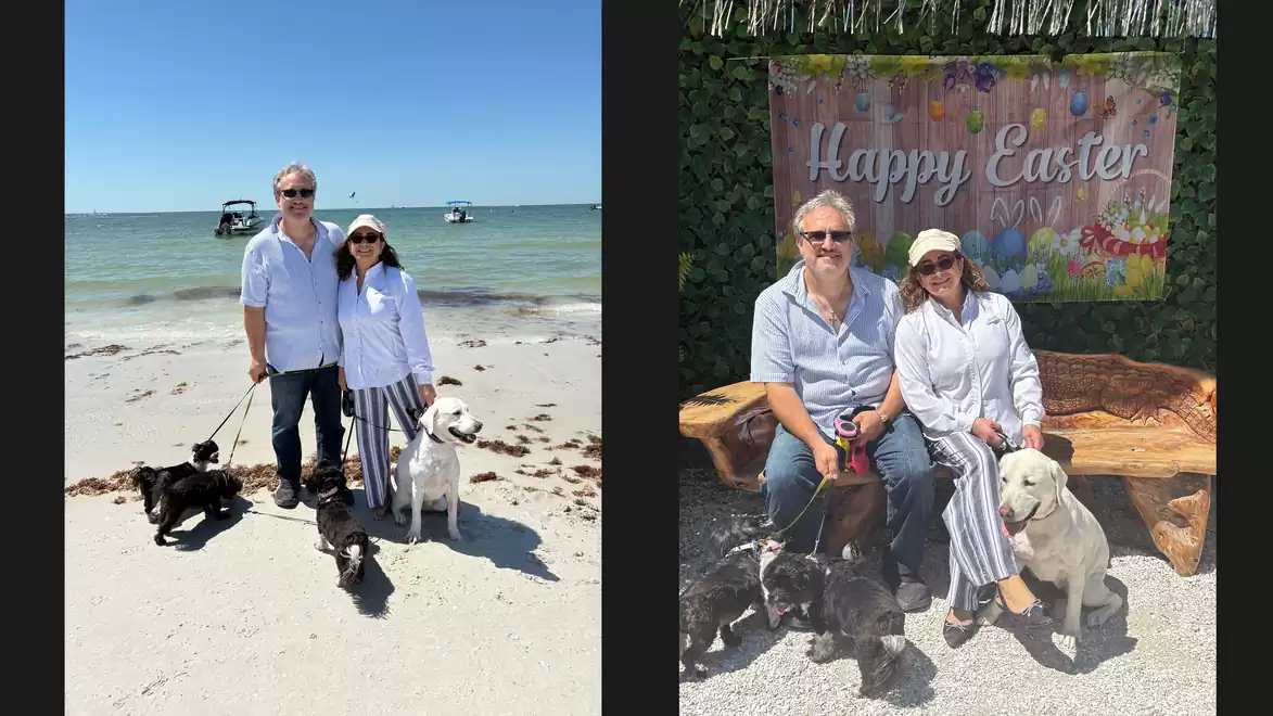 A couple on the beach with two dogs on the left side and the same couple with their dogs in front of a 'Happy Easter' sign on the right side.
