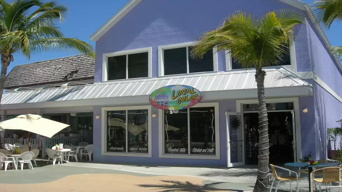 A purple painted café with palm decor in the foreground on a sunny day.