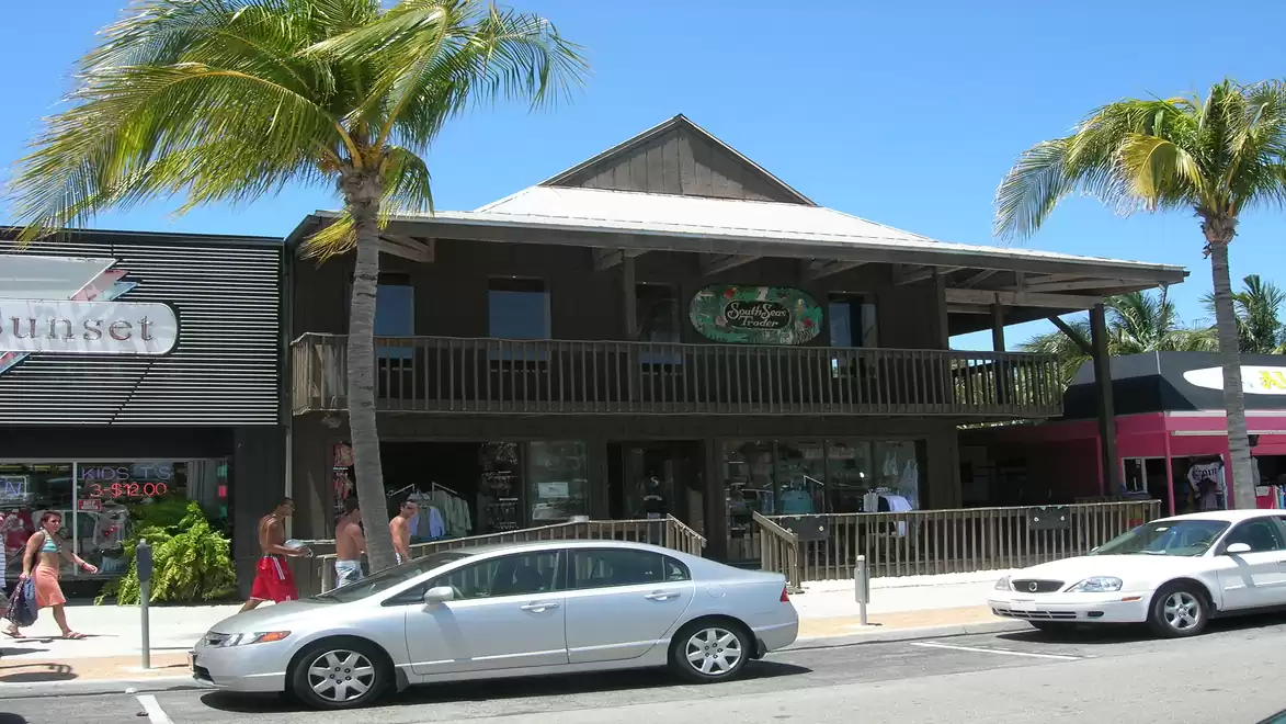 Street scene with commercial buildings and parked cars under palm trees.