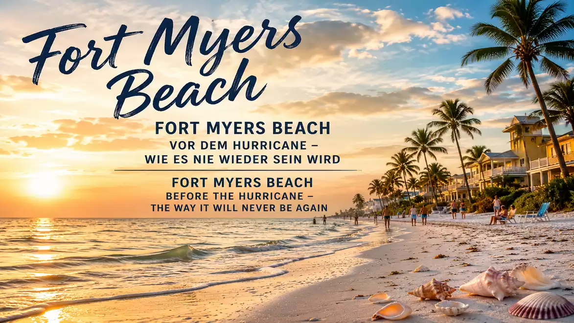 Sunset at Fort Myers Beach with palm trees and shells in the sand, taken before a hurricane.
