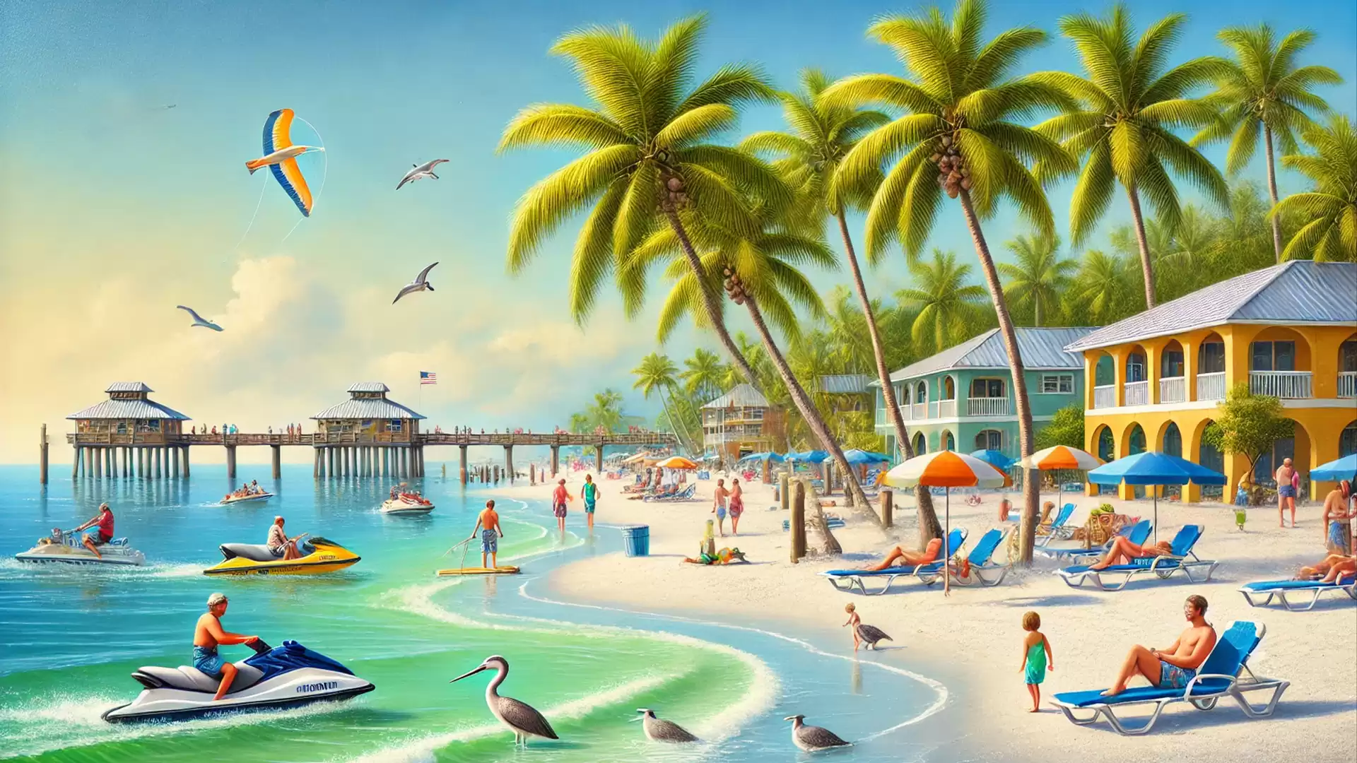 Image of a tropical beach with palm trees, people sunbathing, and water sports activities.