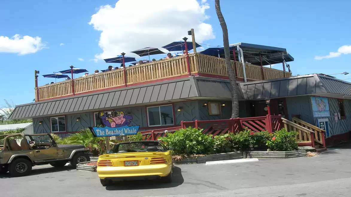 A two-story restaurant with a rooftop terrace featuring blue umbrellas. Two parked cars are visible in front of the building.