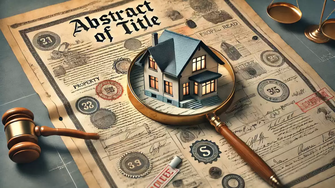 A document titled 'Abstract of Title' is magnified by a lens focusing on a house, surrounded by various seals and legal imagery.