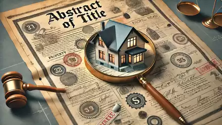 A document titled 'Abstract of Title' is magnified by a lens focusing on a house, surrounded by various seals and legal imagery.