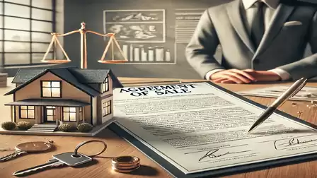 Close-up of a sale agreement document on a table with a miniature house, keys, and scales in the background. A person in a suit is seated at the table.
