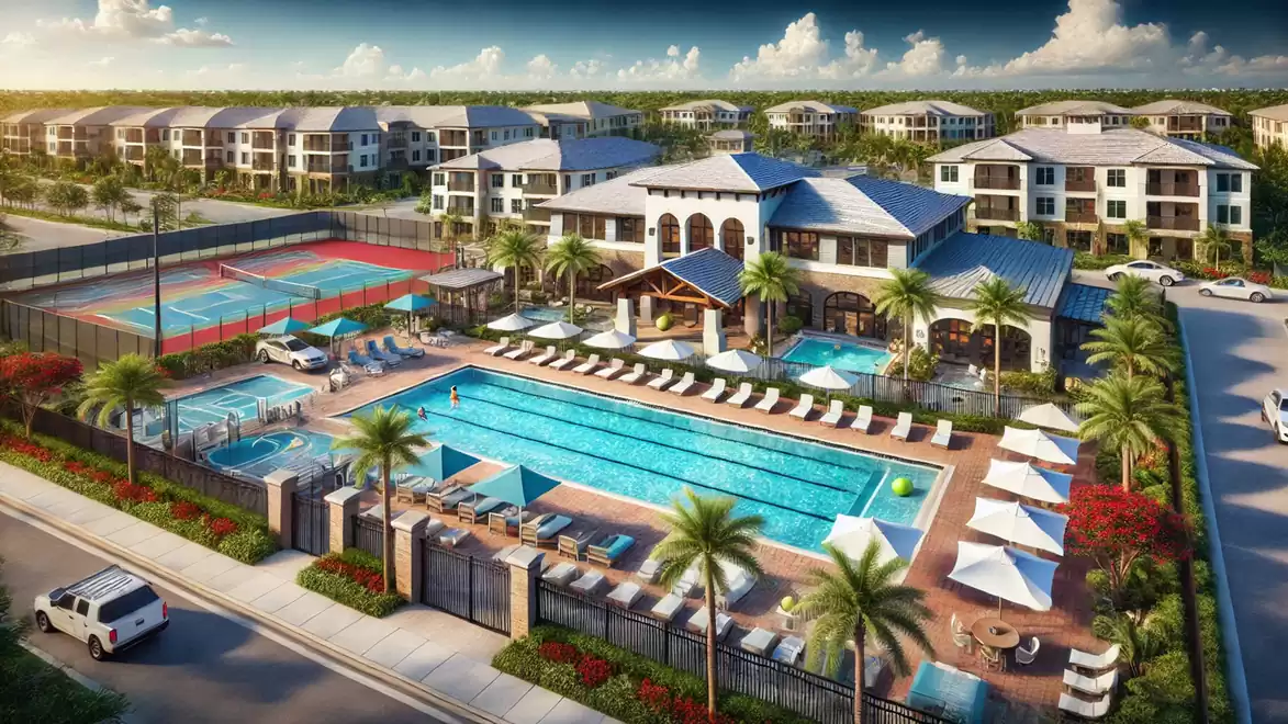 Aerial view of a luxury residential complex with a large swimming pool, tennis courts, and modern apartment buildings under sunny skies.