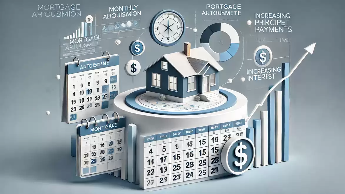 Illustration of a house on a chart with calendar sheets and symbols for financial topics such as mortgages and interest rates.