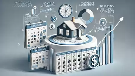 Illustration of a house on a chart with calendar sheets and symbols for financial topics such as mortgages and interest rates.