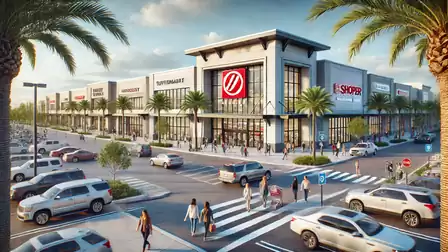 A modern shopping mall with several stores and people walking in the parking lot. Palm trees line the area.