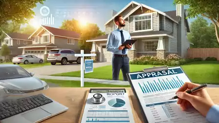 A real estate appraiser stands in front of a modern house holding a clipboard with an appraisal report. In the foreground, there is a desk with a laptop and another report.