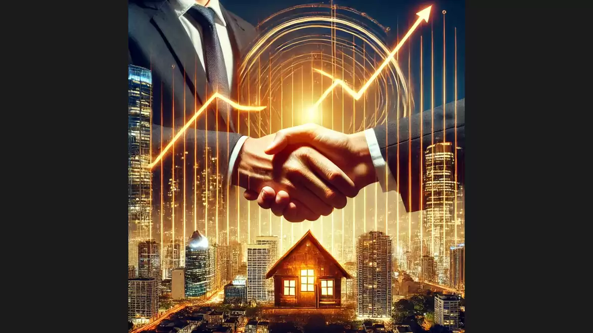 Symbolic image of two shaking hands above a glowing city and a small house, surrounded by rising stock market curves.