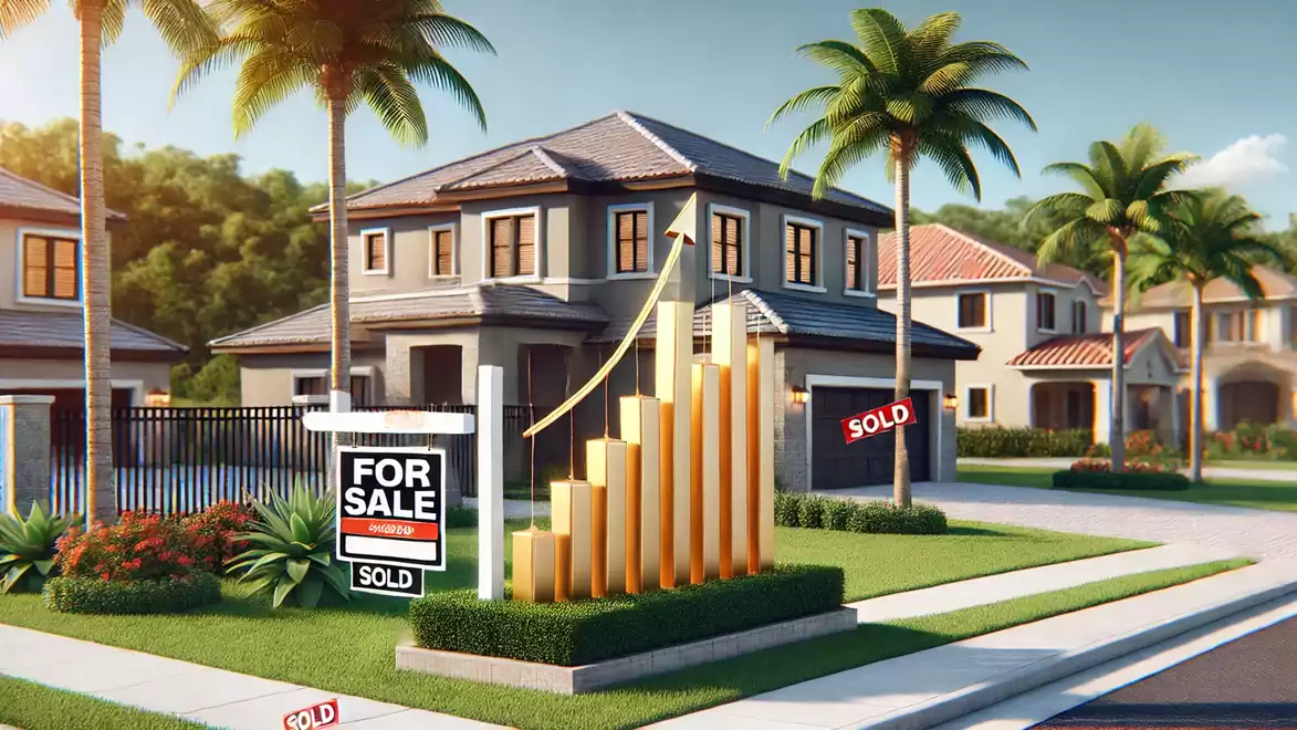 Modern houses in a sunny neighborhood with sale signs and a rising bar graph in the foreground symbolizing an increase in real estate sales.