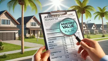 A person holds a clipboard with a property tax assessment in front of a sunny suburban area with palm trees and single-family homes.