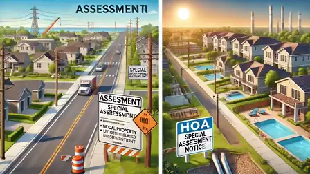 Two contrasting cityscapes: On the left, a busy urban street with special assessment signs; on the right, a serene residential area with modern houses and an HOA notice.