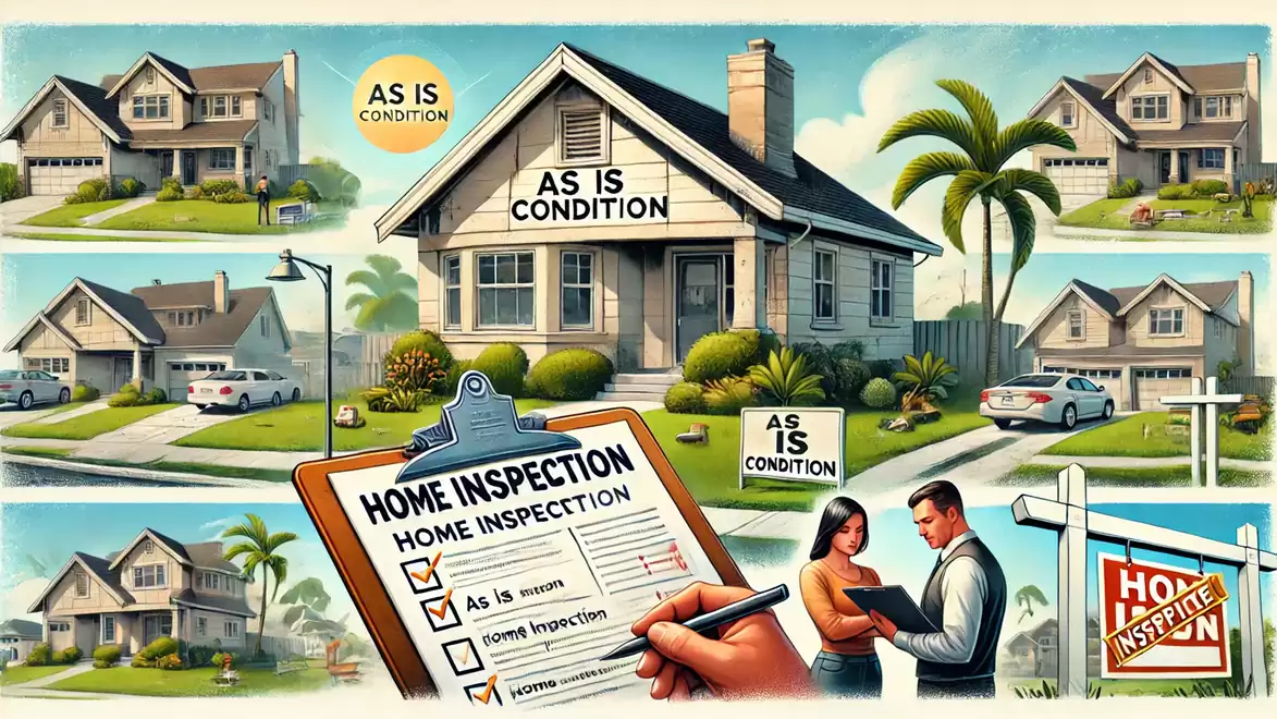 Collage of houses with 'As Is Condition' signs. A home inspection checklist is being filled out, while a couple discusses real estate. Palms in the background.