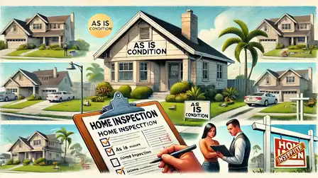 Collage of houses with 'As Is Condition' signs. A home inspection checklist is being filled out, while a couple discusses real estate. Palms in the background.