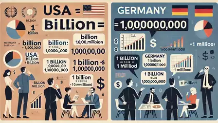 Infographic compares the meaning of 'billion' between the USA and Germany with charts and symbols.