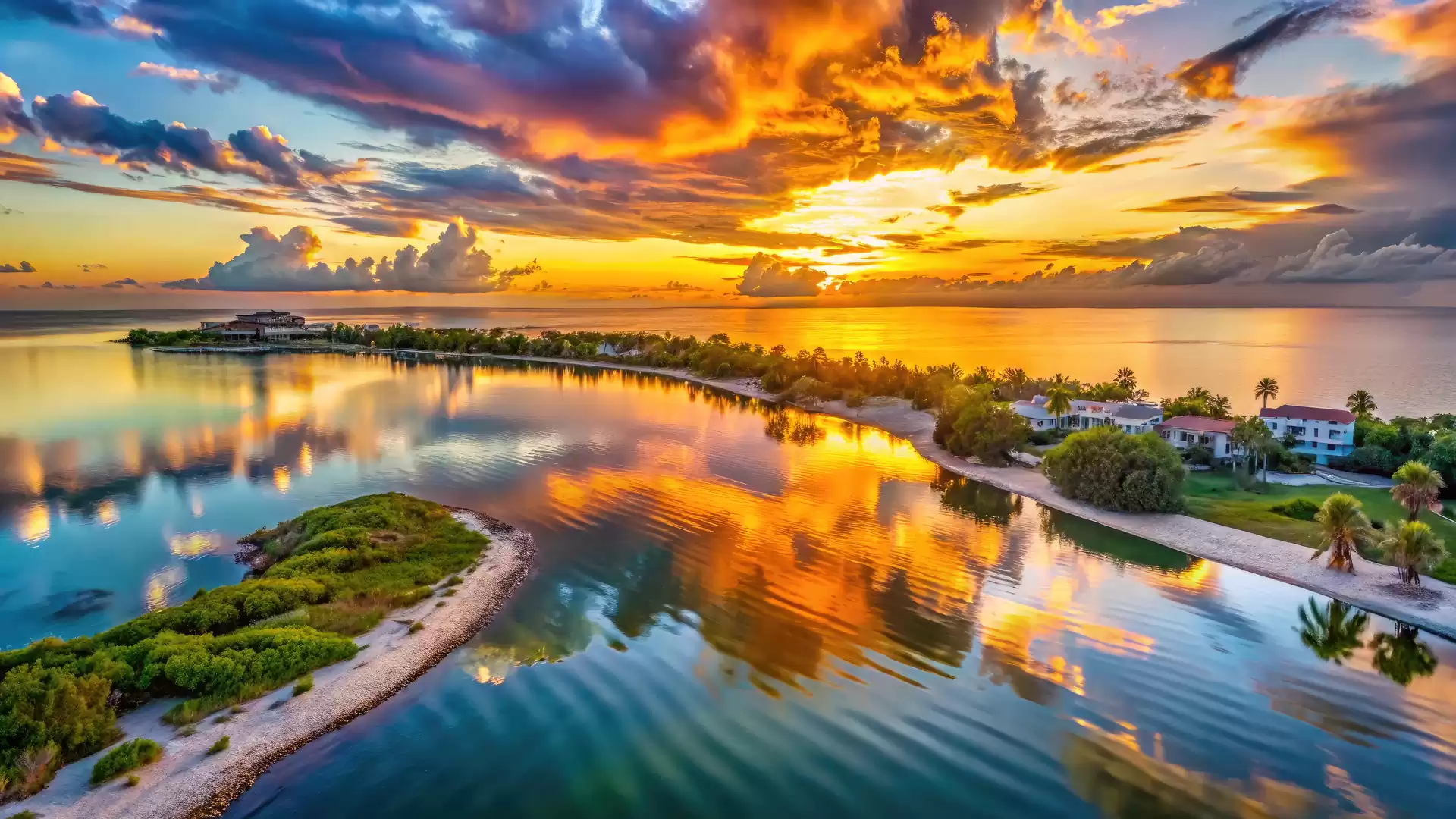 A spectacular sunset over a calm ocean with a small island in the foreground and colorful clouds in the sky.