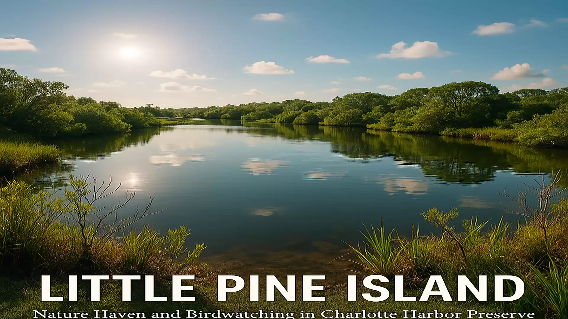 Sunset over a tranquil lake on Little Pine Island with lush vegetation and a clear sky.