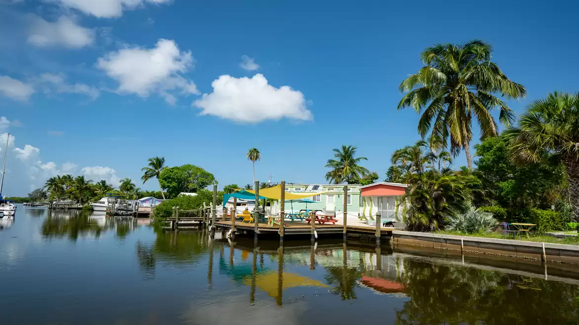 Tropical coastal scene with palm trees, a colorful beach house, and calm water under a clear sky.