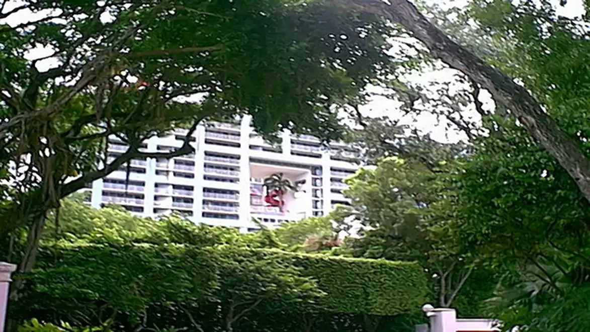 Building behind lush trees and plants, a balcony with red decor visible.