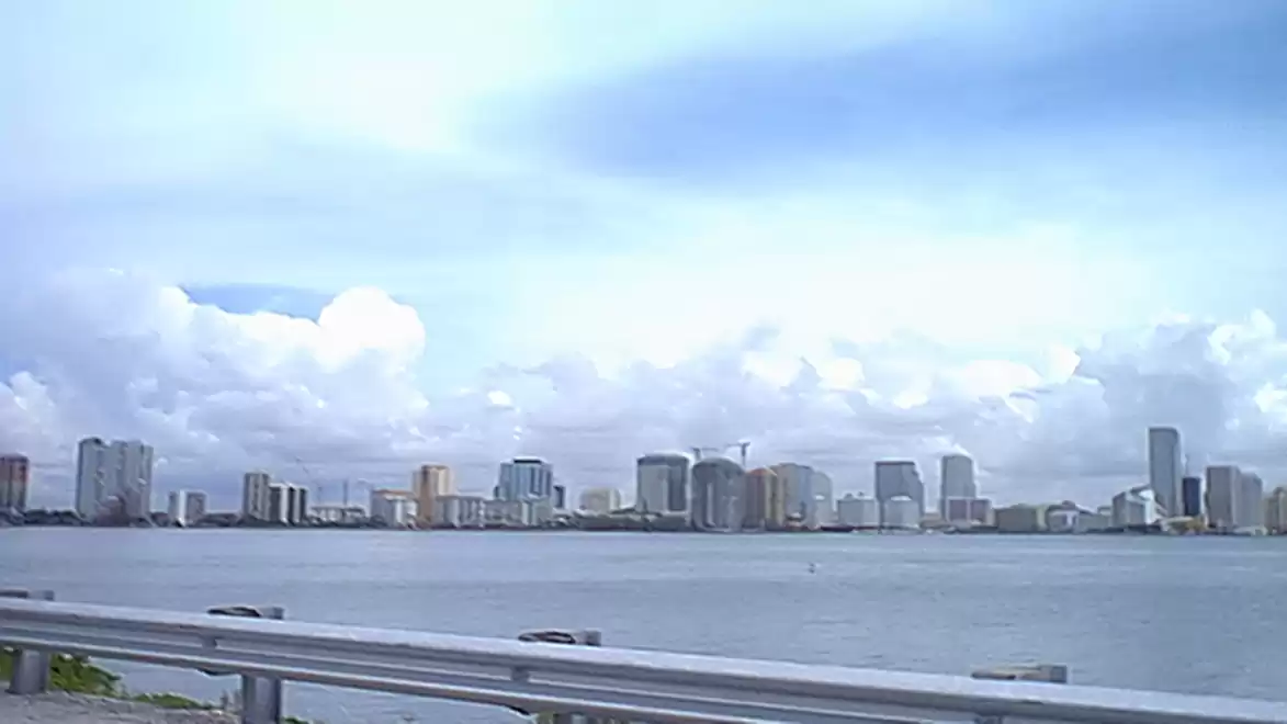 Panoramic view of a modern city skyline with skyscrapers by the water under a blue sky.