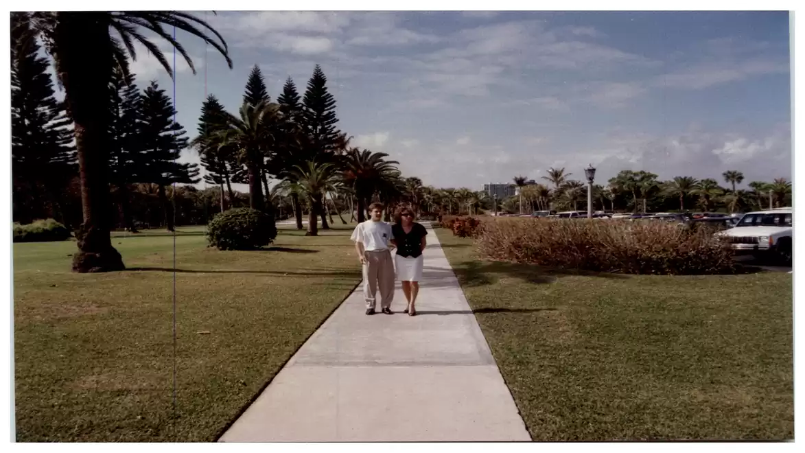Couple walking on a sidewalk in a tropical park with palm trees and green lawns under a blue sky.