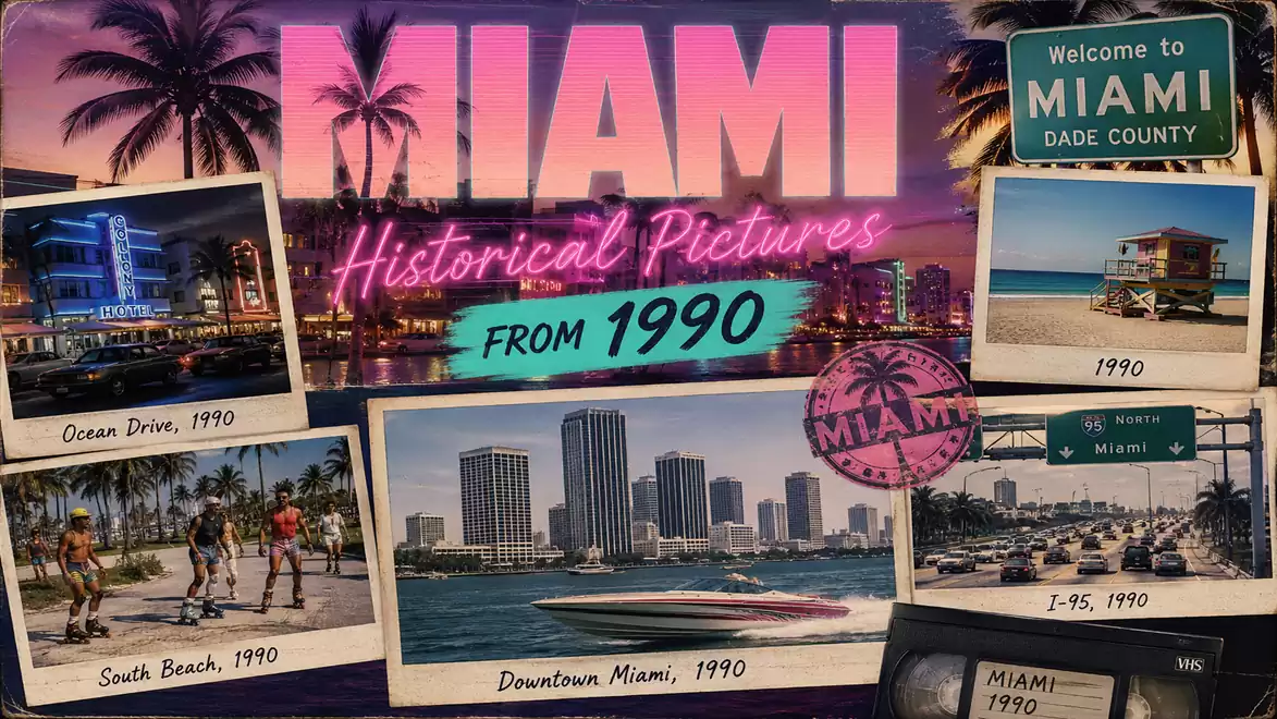 Collage of historical pictures of Miami in 1990, including Ocean Drive, South Beach, and Downtown Miami.