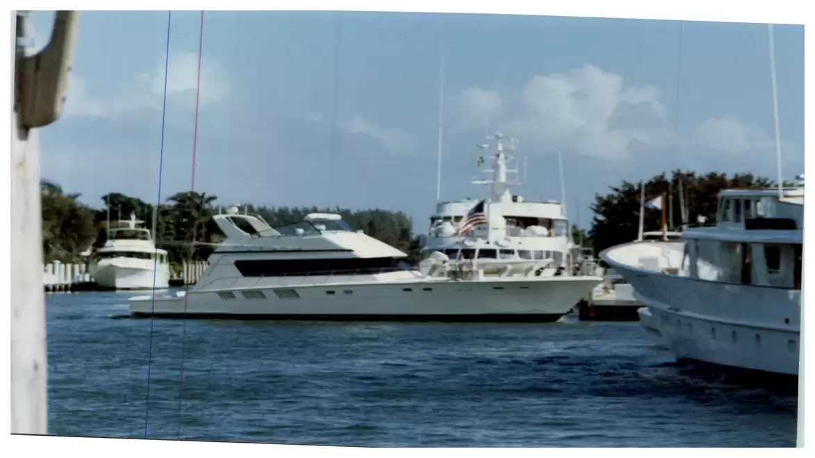 Several luxury yachts anchored in the harbor under a clear sky, surrounded by trees and calm water.