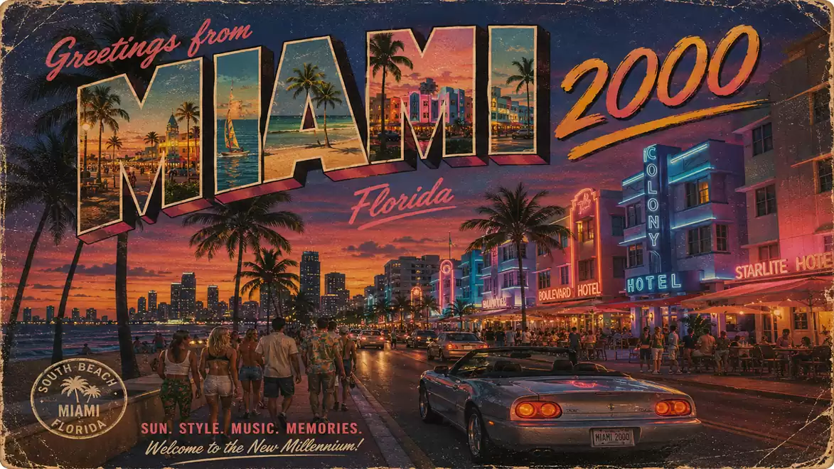 Postcard from Miami in 2000 with neon-lit hotels and a convertible at sunset.