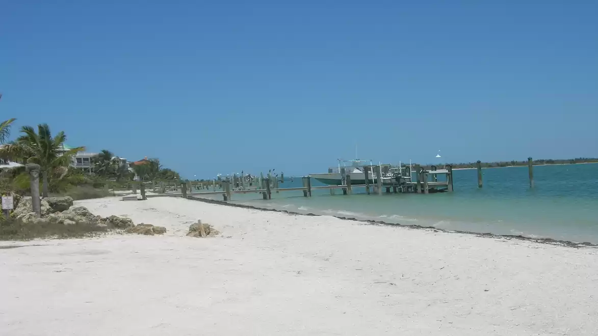 Beach with white sand, clear blue-green ocean and a pier on the horizon under a clear blue sky.