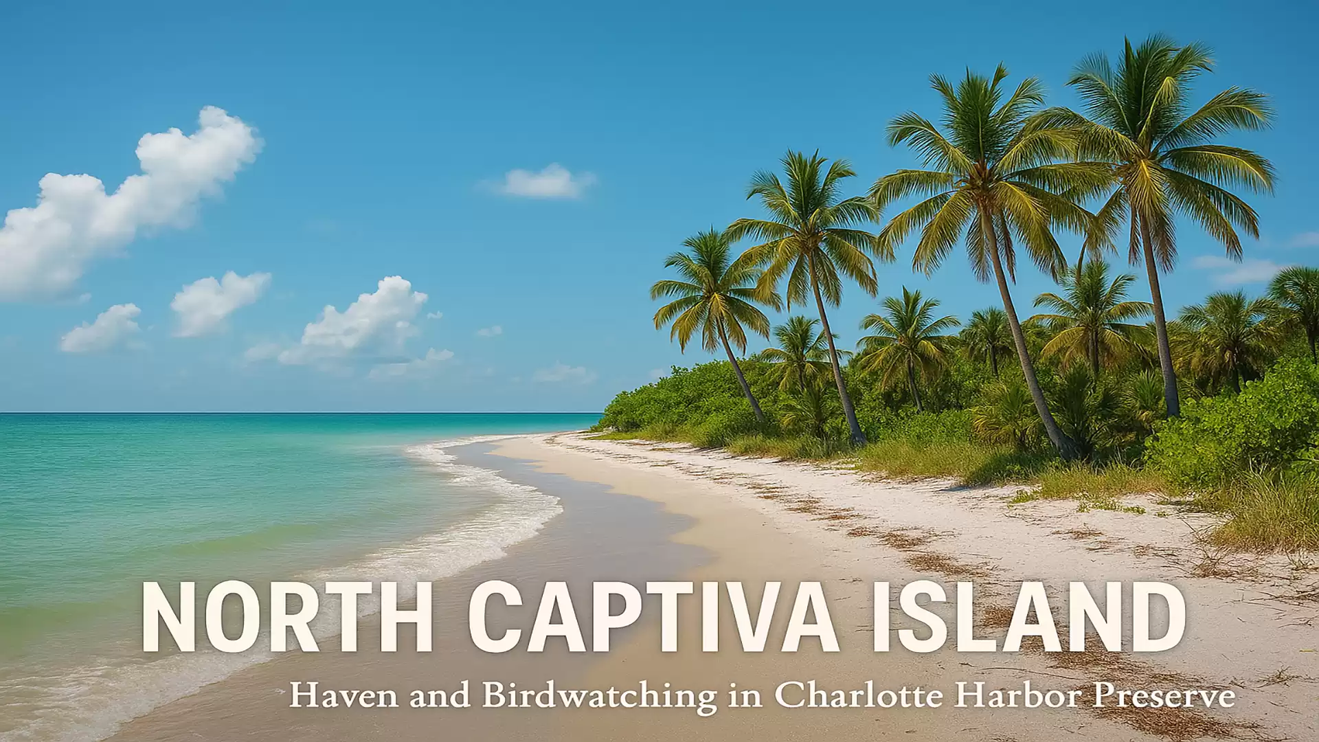 Beach view on North Captiva Island with palm trees and blue sea. Perfect for birdwatching and relaxation in the Charlotte Harbor Preserve.