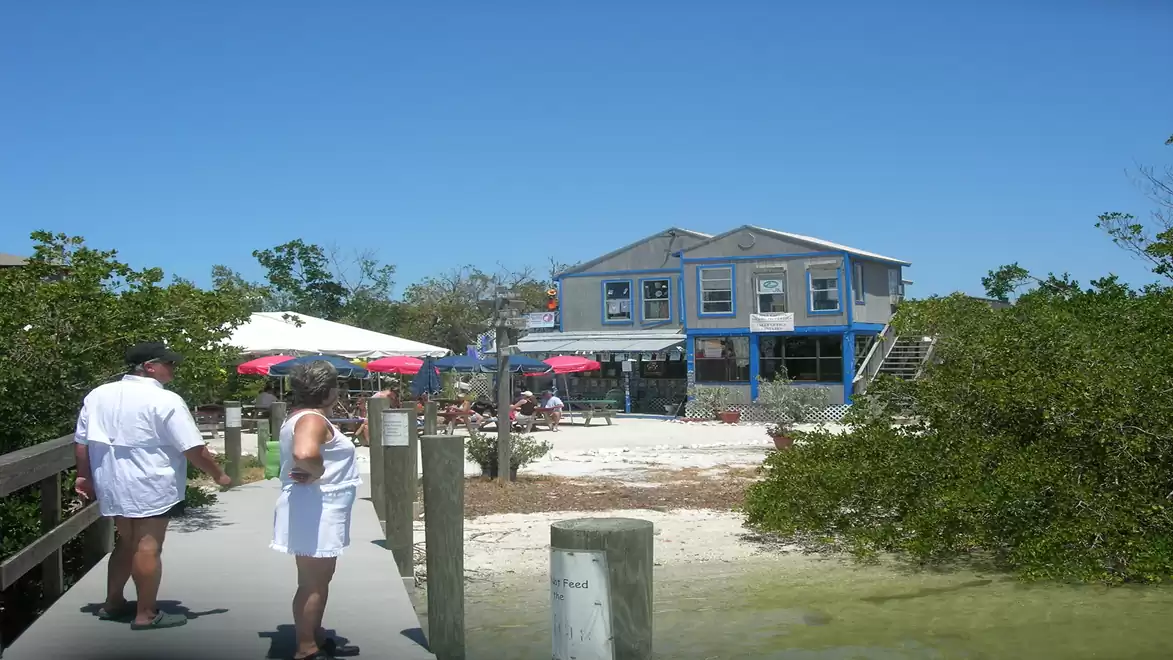 A sunny day at a coastal location with people standing on a wooden boardwalk, next to a building with blue accents and sun umbrellas.