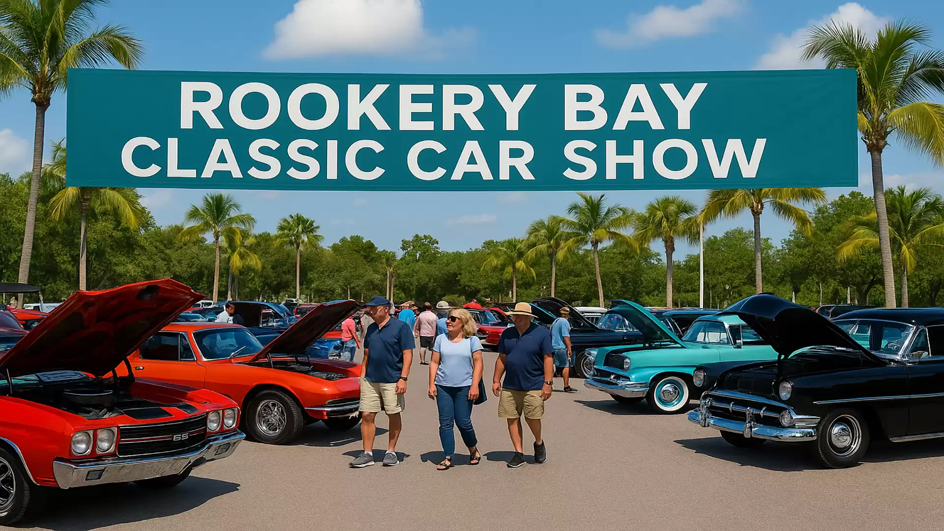 People admiring classic cars at the Rookery Bay Classic Car Show, with palm trees in the background.