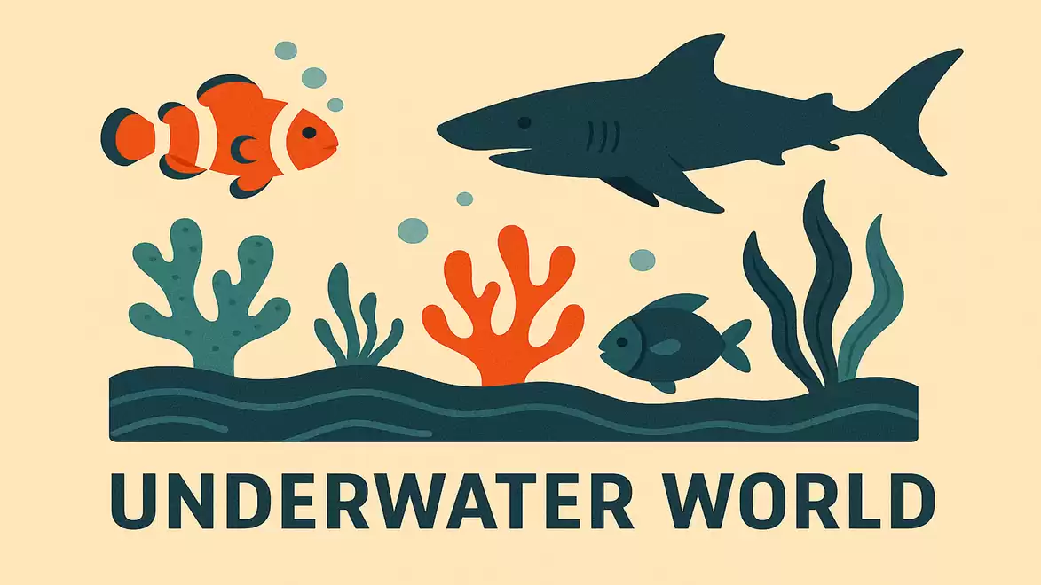 Illustration of an underwater world with a clownfish, a shark, and corals on a beige background.