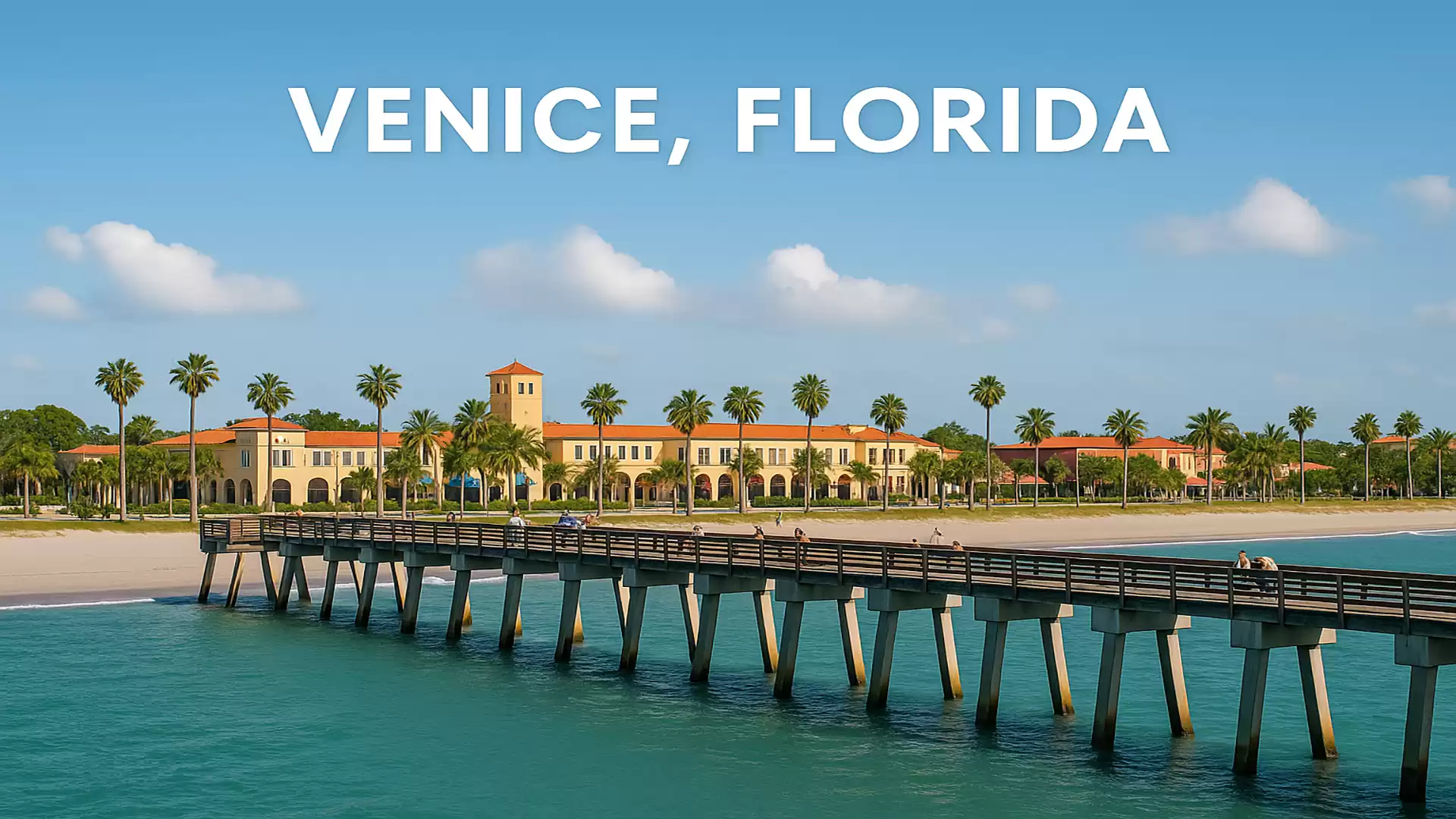 Image of a long pier in Venice, Florida, with blue water and a sunny sky in the background.