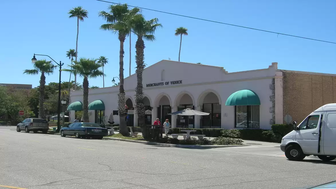 Street scene in a sunny city with a white building and palm trees in the foreground.