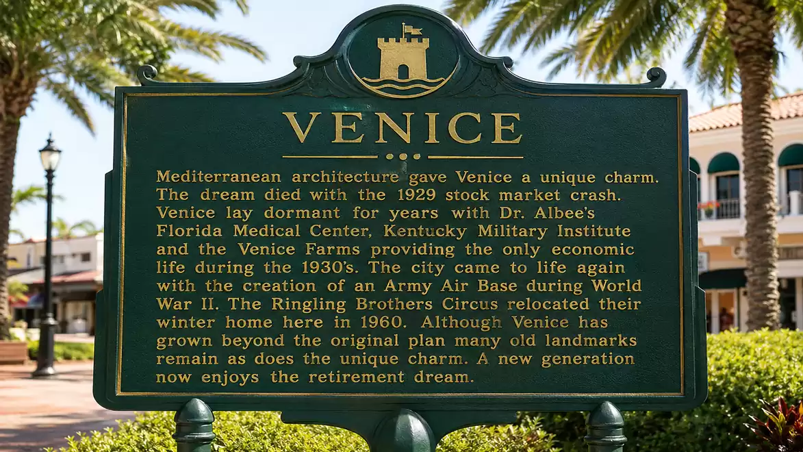 A green sign in Venice details the city's history, including its Mediterranean architecture and significant institutes' influence, as well as the opening of an air base during World War II. Palm trees and buildings are visible in the background.