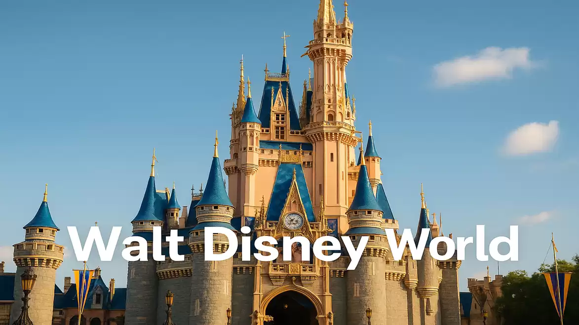 The Cinderella Castle at Walt Disney World Resort under sunny weather, surrounded by a clear blue sky.