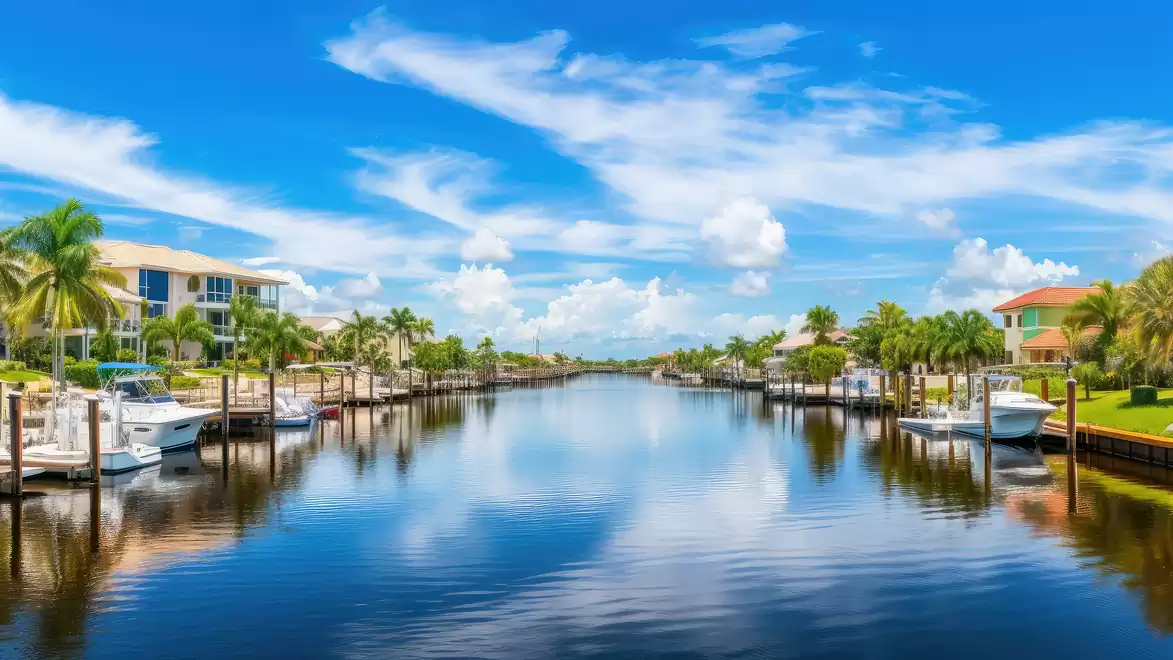 A picturesque canal with luxury boats and villas under a clear sky with white clouds.