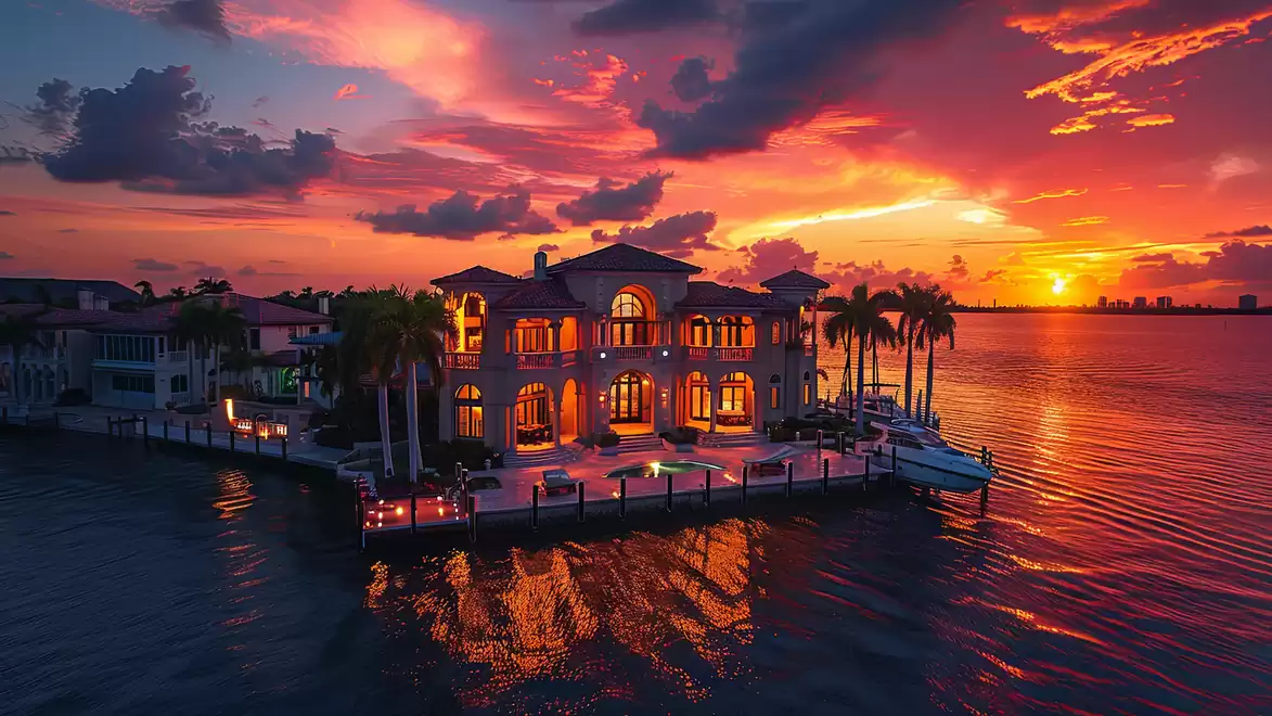 Magnificent waterfront villa at sunset with vibrant colors and palm trees in the foreground.