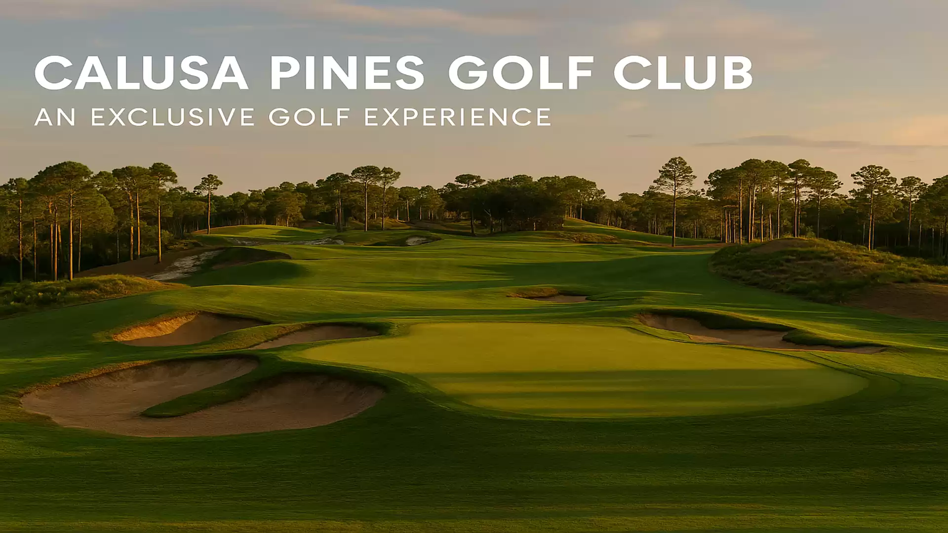 A picturesque view of the Calusa Pines Golf Club at sunset with green fairways and sand bunkers.