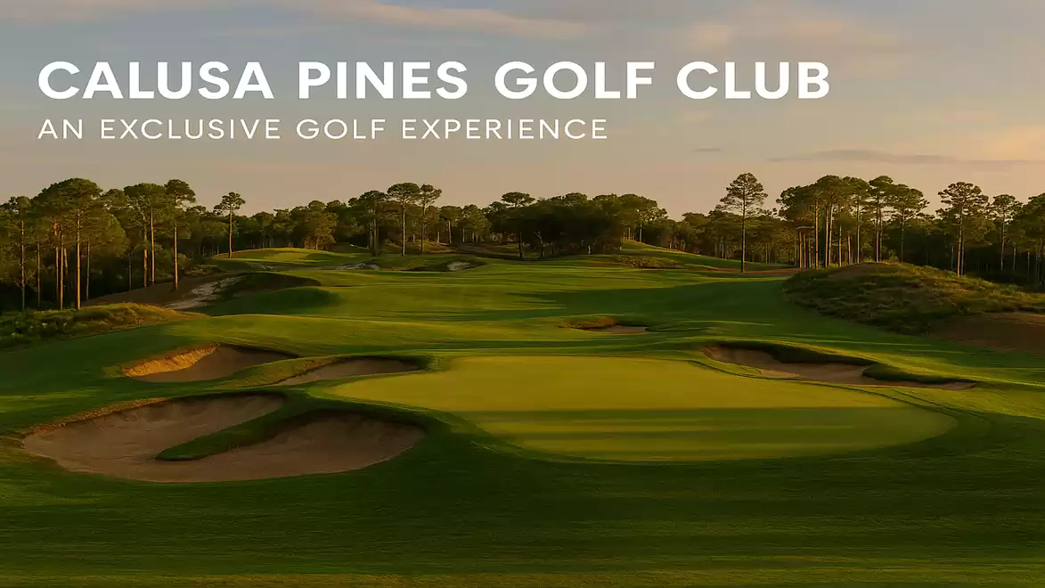 A picturesque view of the Calusa Pines Golf Club at sunset with green fairways and sand bunkers.